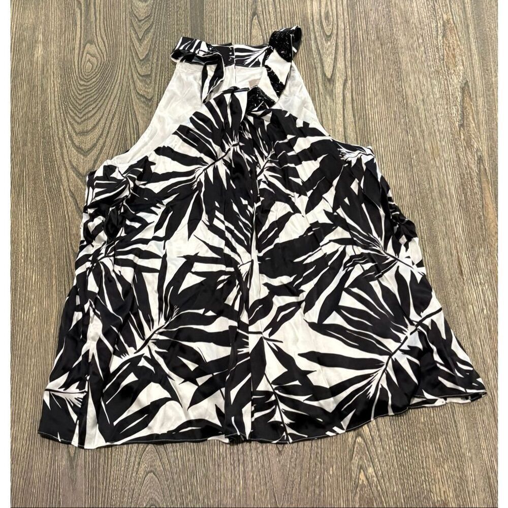 Hilo Hattie Womens High-Neck Halter Top Sleeveless Leaf Print Black White Sz XL
